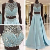 Blue Two Piece Bead Top Ball Gown Semi Formal Prom Dress